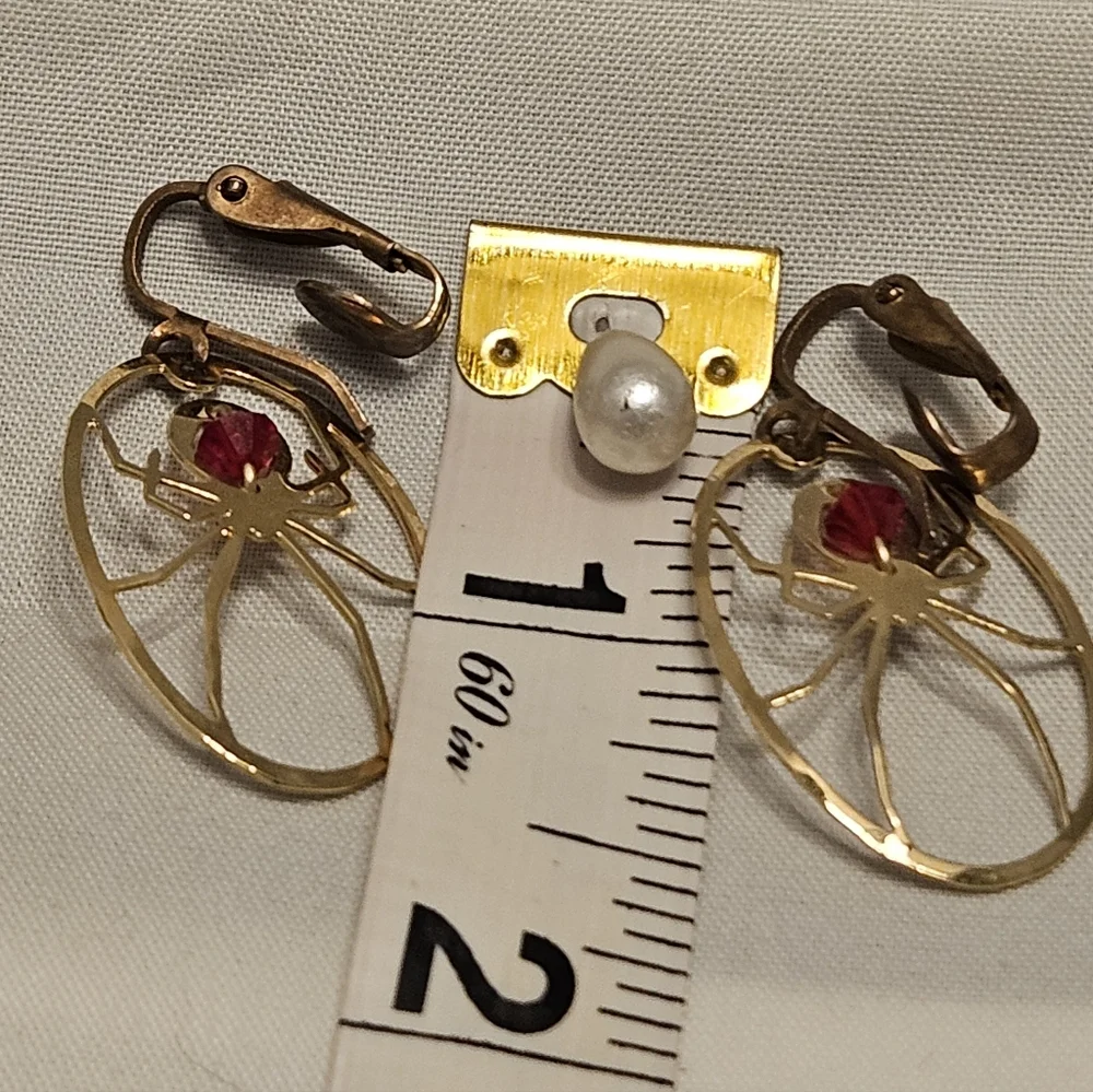 Vintage Spider Clip-On Earrings with Red Gemstone